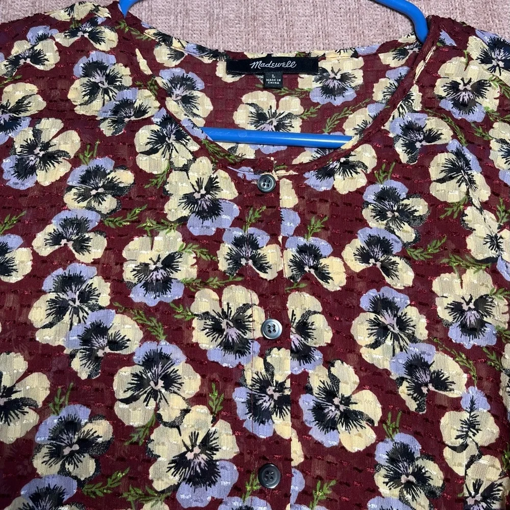 Madewell Semi Sheer Ruffle Hem Top in viola Peplum Long Sleeve Blouse Sz L - Picture 5 of 14